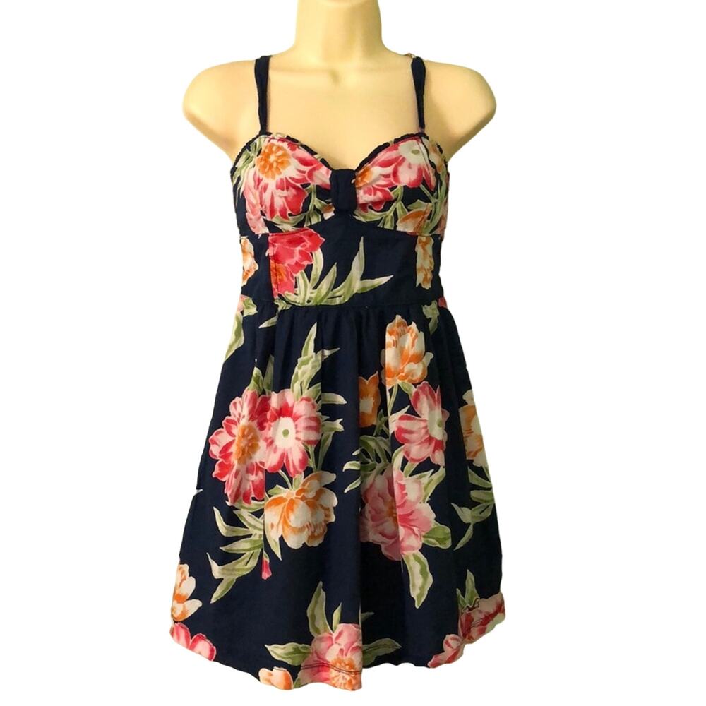 Hollister Navy Blue Floral Print Mini Dress Cottagecore Summer Size Medium